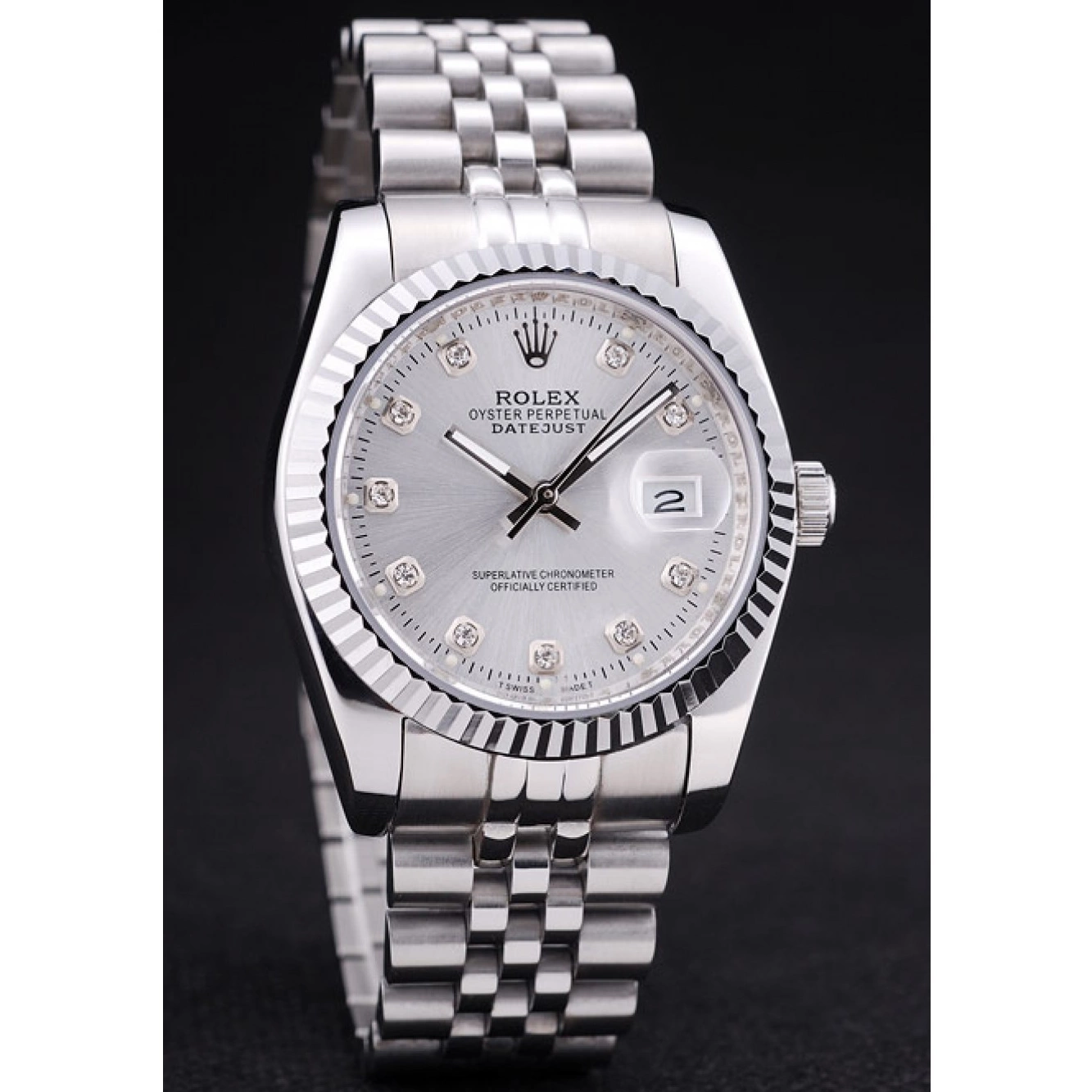 Aaa replica Datejust Dial Silver Diamonds Rolex 7455 Bezel Ribbed 0613